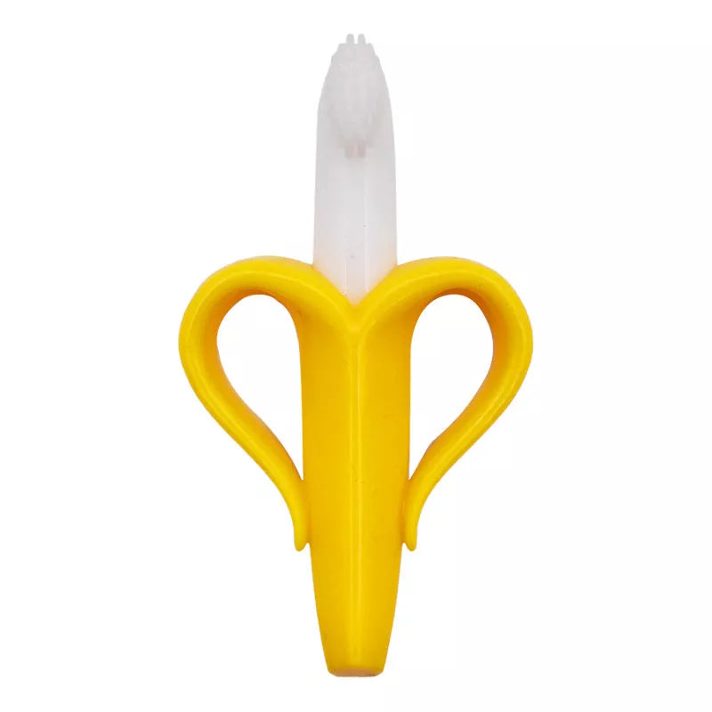 Food grade silicone banana teether toy for babies in yellow, pink, and blue