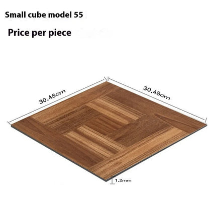 Self-adhesive vinyl flooring tile showing 30cm x 30cm dimensions with peel-and-stick backing visible