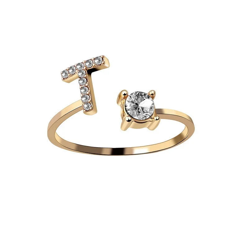 Personalized Initial Letter Adjustable Ring made of copper alloy and zircon, showcasing a vintage-inspired design