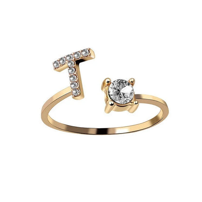 Personalized Initial Letter Adjustable Ring made of copper alloy and zircon, showcasing a vintage-inspired design