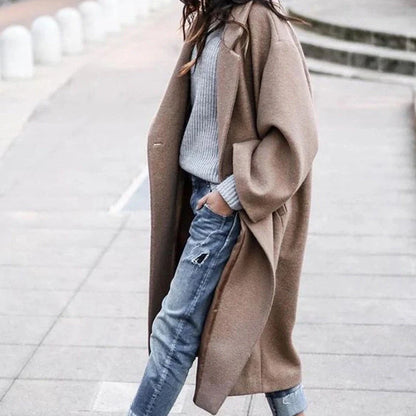 Women's solid color woolen coat with pockets for winter warmth