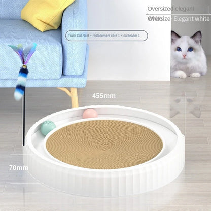 Round cat scratching board with removable pad and toy bell ball in navy blue