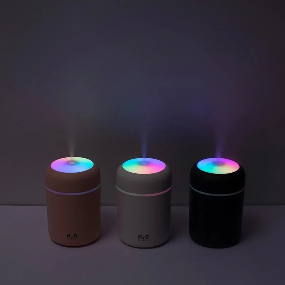 Car USB humidifier with colourful lights and 300ml water tank showing spray operation