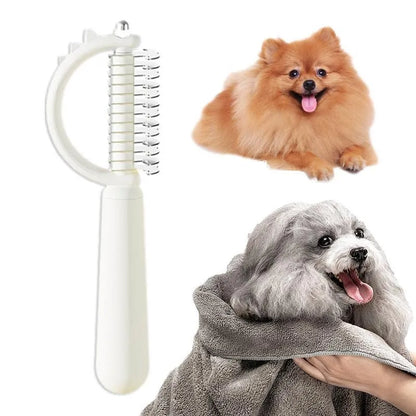 Blue dinosaur-shaped self-cleaning slicker brush for pet grooming on white background