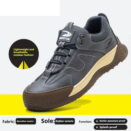Leather Flyknit safety work shoes in black, brown, grey, or khaki with a rubber sole