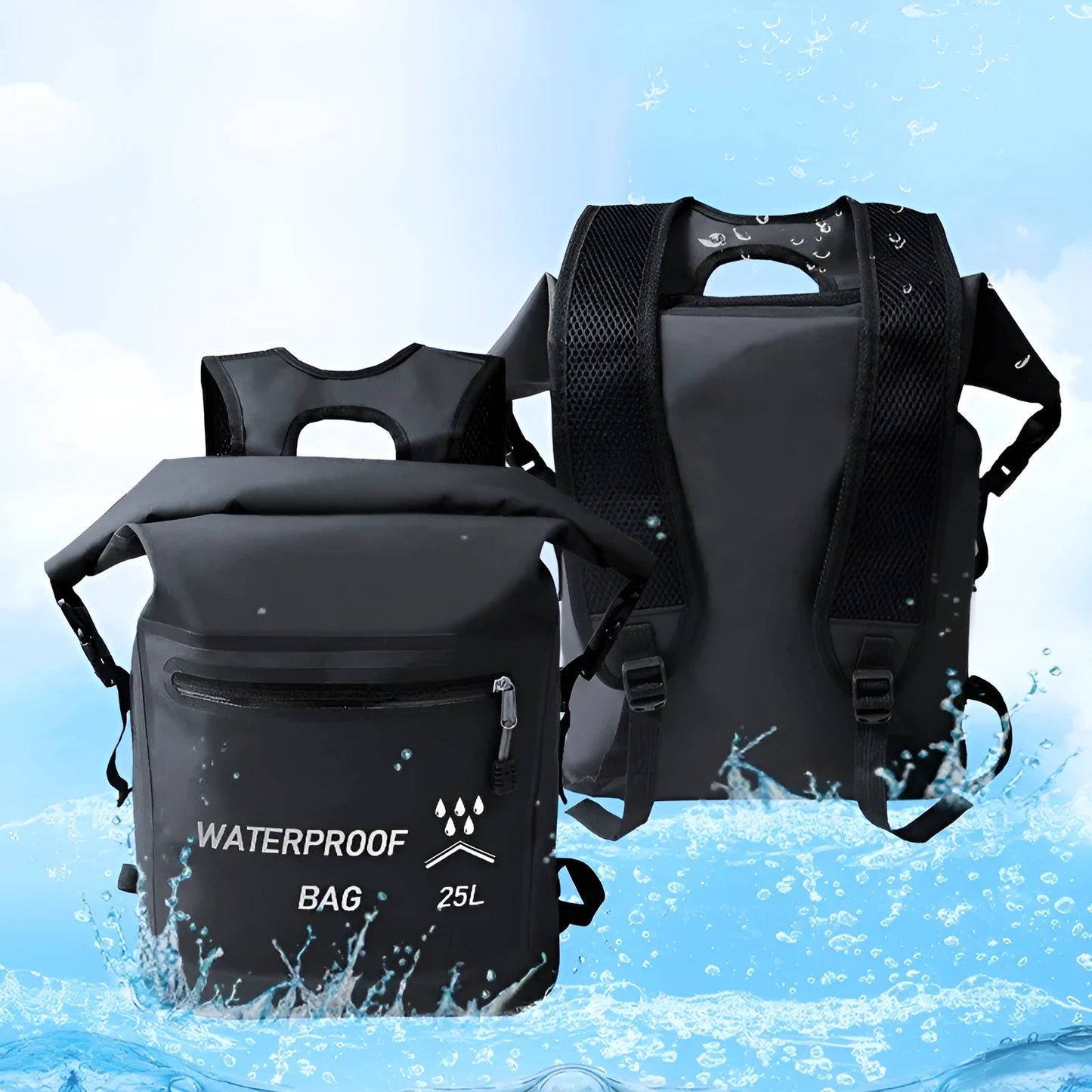 Black 25-litre waterproof backpack for swimming and rafting, showing 500D mesh clips.
