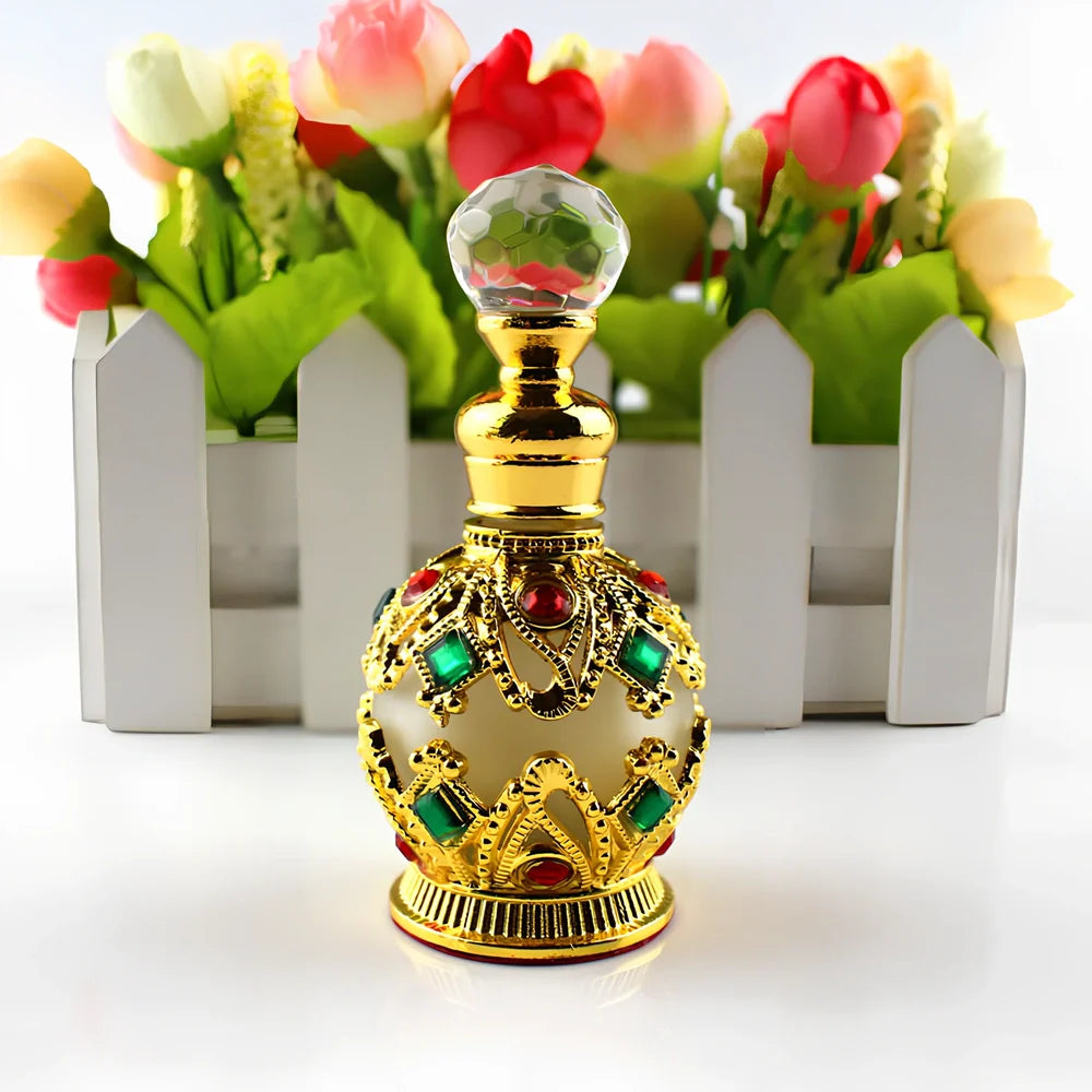 Arabic style glass perfume bottle with zinc alloy hardware and metal crystal accessories