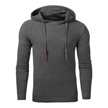 Man wearing a cotton-polyester blend hooded sweatshirt in grey, showing the front design and hood.