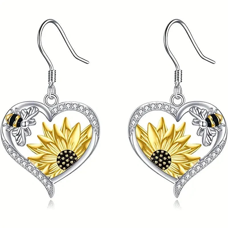Stylish silver bee sunflower heart earrings for women, perfect for nature lovers.