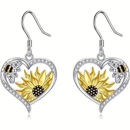 Stylish silver bee sunflower heart earrings for women, perfect for nature lovers.