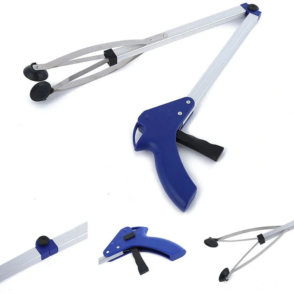 Blue aluminium folding grabber tool extended to 81cm with 8cm jaw opening showing rubber chuck