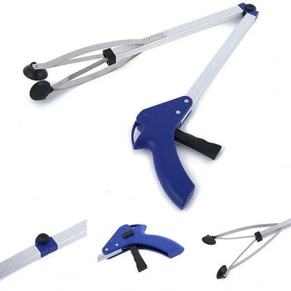 Blue aluminium folding grabber tool extended to 81cm with 8cm jaw opening showing rubber chuck