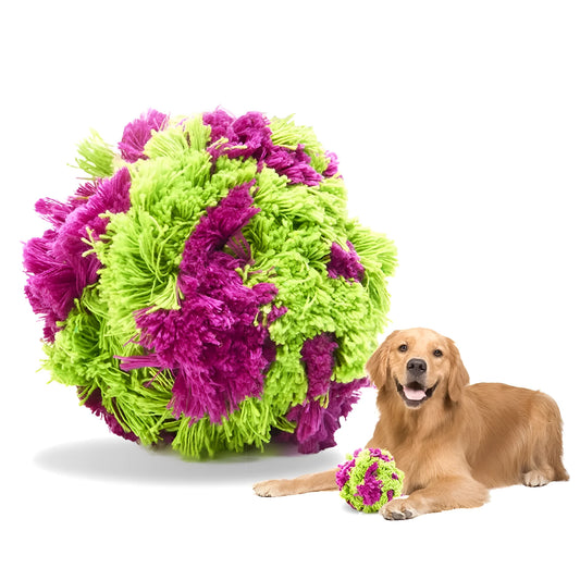 Purple plush dog chew ball toy measuring 15cm in diameter on a plain background.