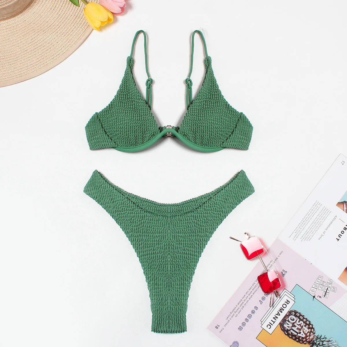 Women's green solid colour ruffle split bikini suit, two-piece polyester swimwear with top and briefs, sizes S M L