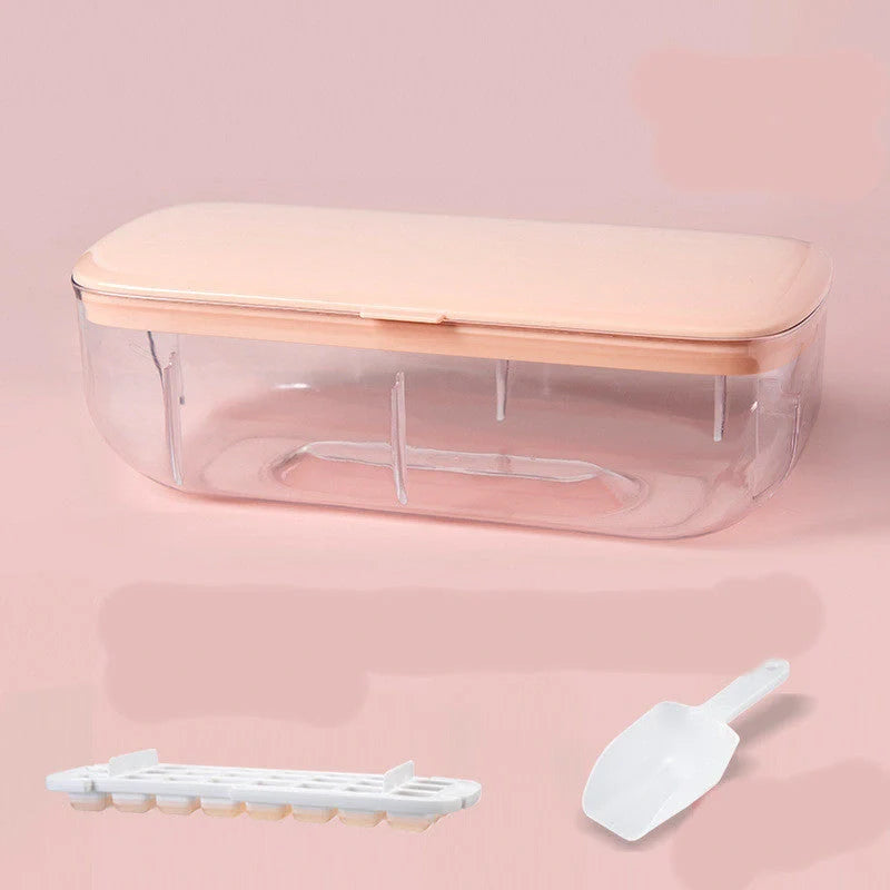 Quick release ice cube tray set with storage box and scoop, available in yellow, blue, and pink