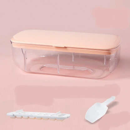 Quick release ice cube tray set with storage box and scoop, available in yellow, blue, and pink