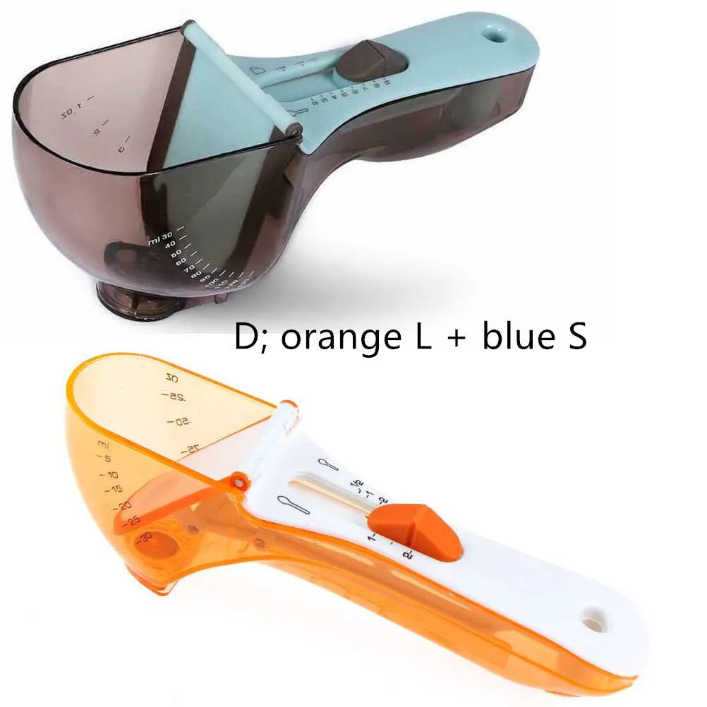Orange and blue digital measuring spoon set showing measurement units and ergonomic handle.