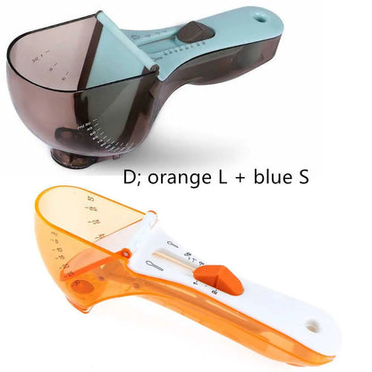 Orange and blue digital measuring spoon set showing measurement units and ergonomic handle.