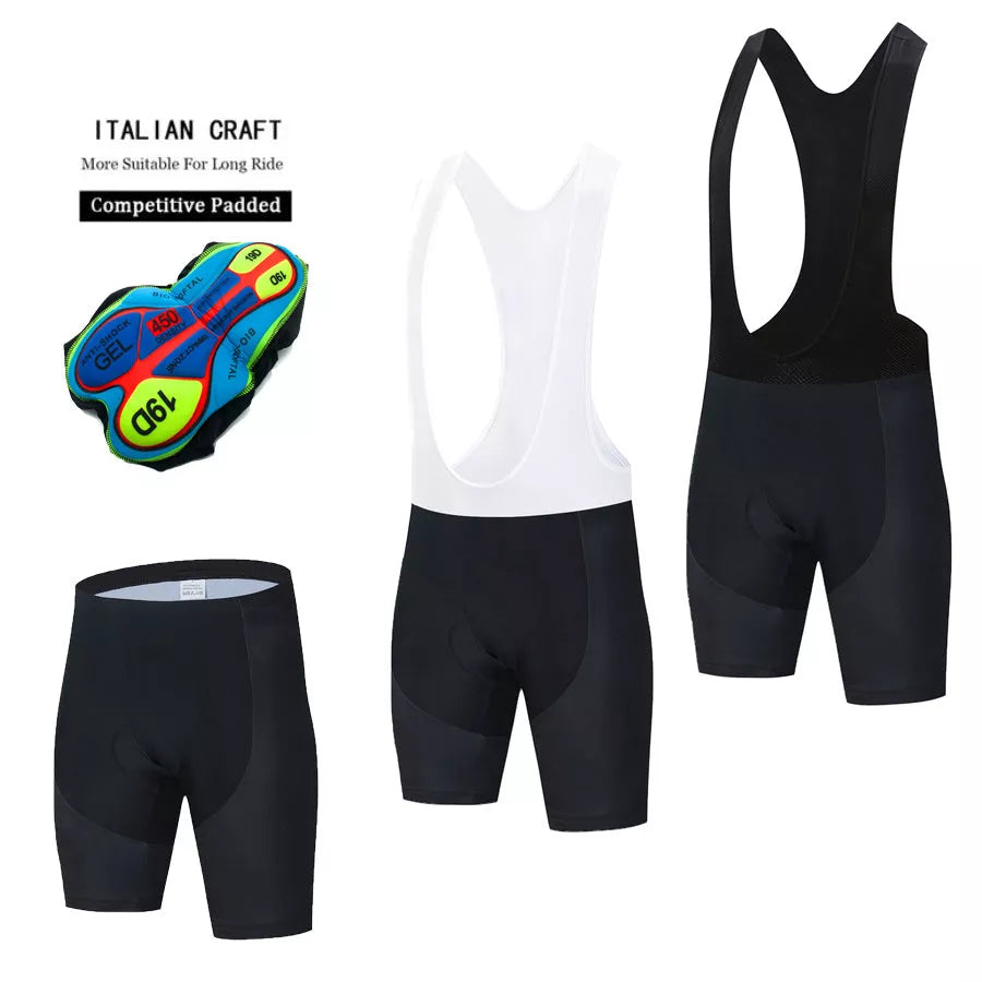 Men's Team Cycling Shorts in black and black white options, featuring breathable mesh fabric for cyclists.