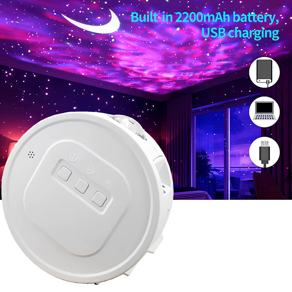 USB star projection light with voice control showing rotating mechanism and star pattern projection
