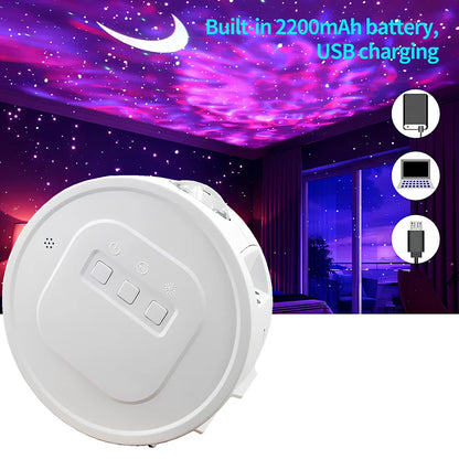 USB star projection light with voice control showing rotating mechanism and star pattern projection