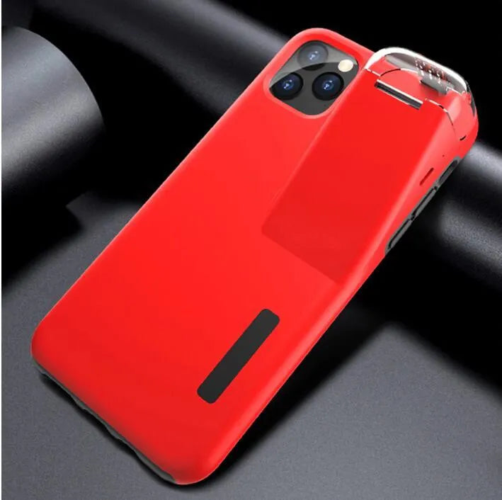 Black matte acrylic and silicone 2-in-1 case holding an iPhone and an AirPods charging case.