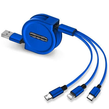 Black telescopic 3-in-1 USB charging cable extended to 120cm with three connectors on a white background.