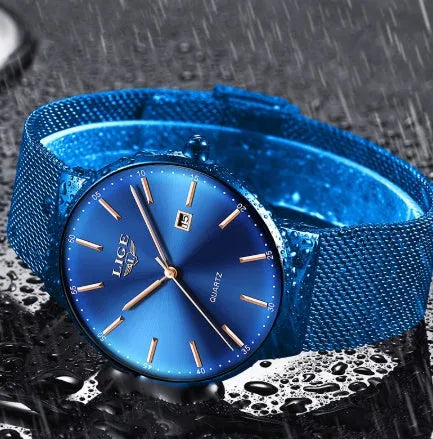 Men's stainless steel wristwatch with 40mm dial showing black, blue, or two-tone colour options
