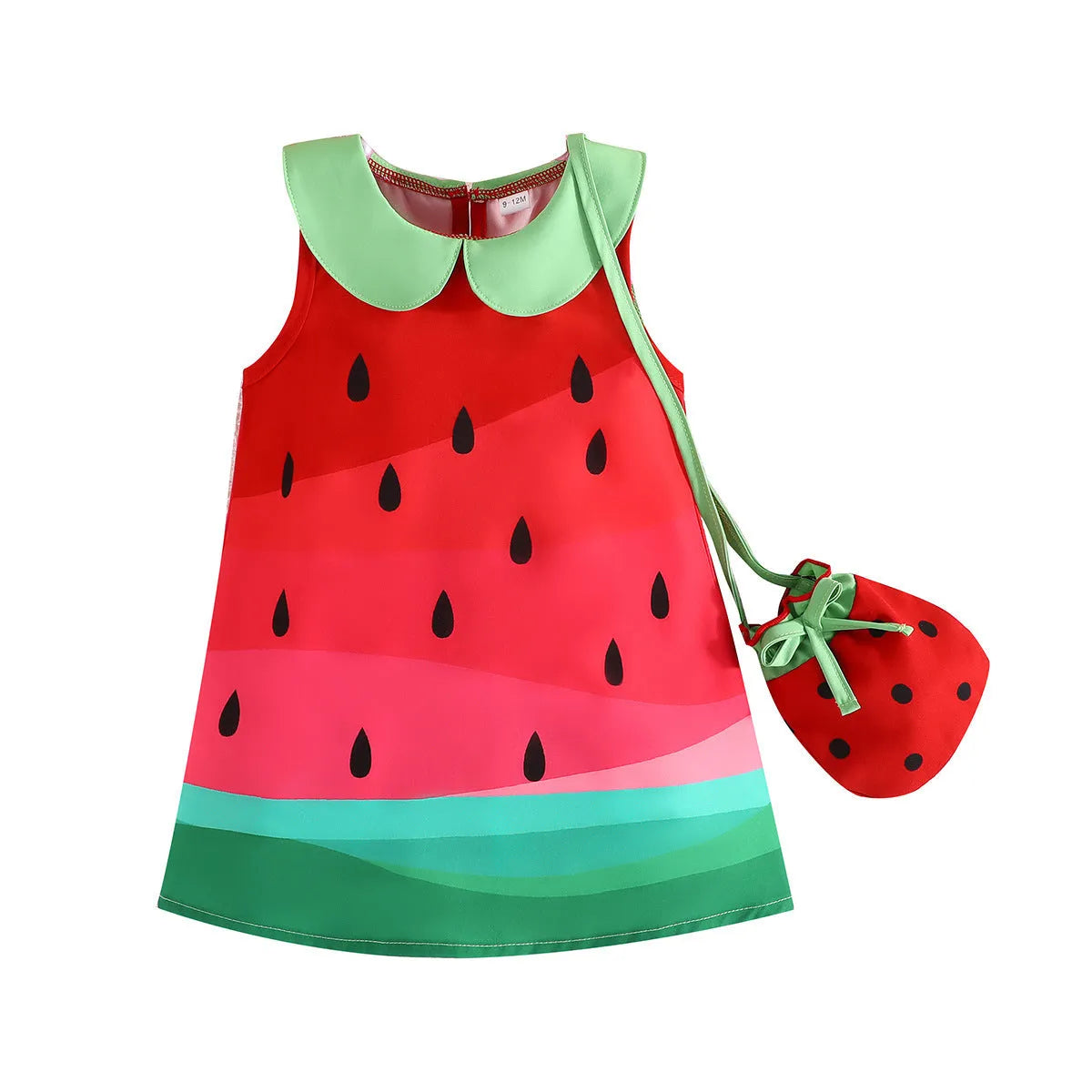 Girls sleeveless cartoon fruit print dress in colour QCQ40031AM, polyester fibre, sizes 6-9M to 2-3Y