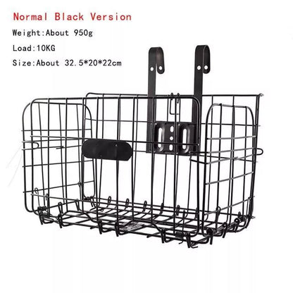 Foldable bicycle basket in black or silver, durable steel construction