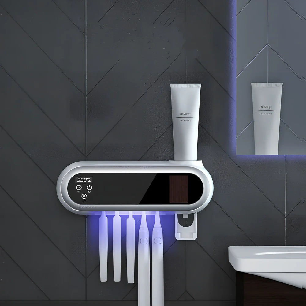 Smart UV toothbrush steriliser showing 233mm chamber and USB charging port with fireproof ABS housing