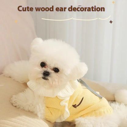 Yellow and patterned fairy dress style acrylic dog sweaters for small puppies in autumn.
