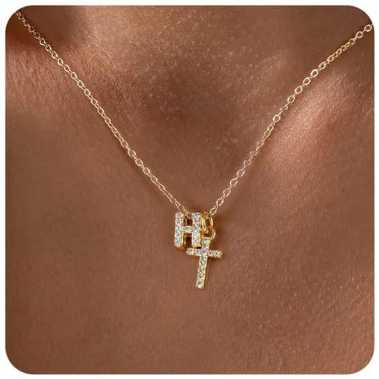 A-Z zircon inlaid letter necklace on a copper regular chain with electroplated finish