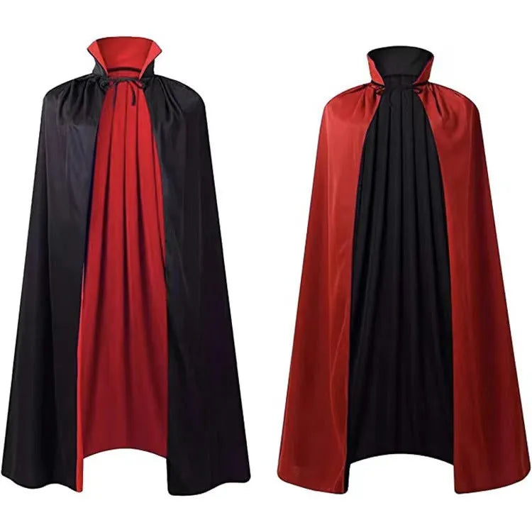 Children's black satin hooded cloak for Halloween wizard or witch costume with gold and purple colour options