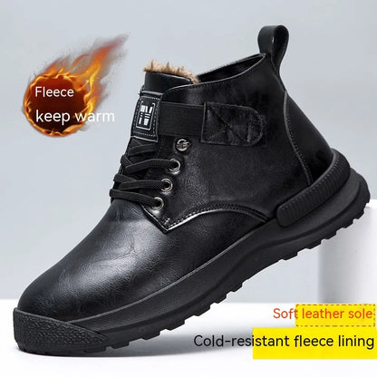 Men's black high-top platform Martin boots with a velvet-like PU upper and rubber sole.