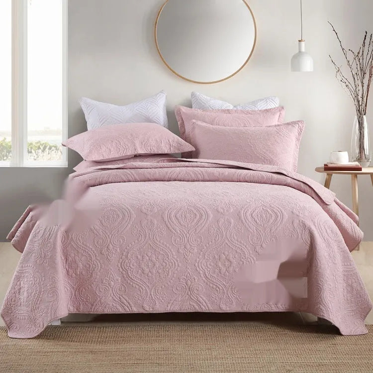 Double-sided pure cotton bed cover three-piece set with Damascus pattern in beige and yellow colour scheme