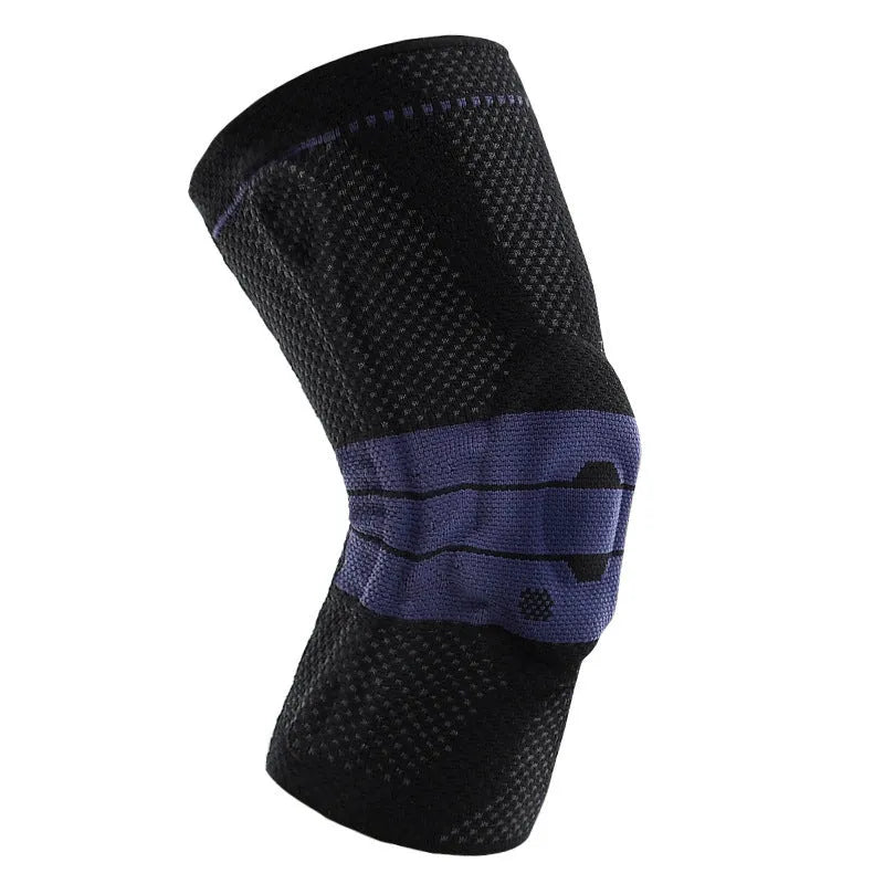 Black and blue adult sports knee pads made from nylon and spandex for running and basketball.