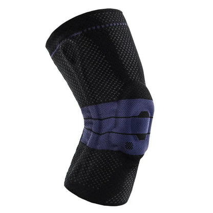 Black and blue adult sports knee pads made from nylon and spandex for running and basketball.