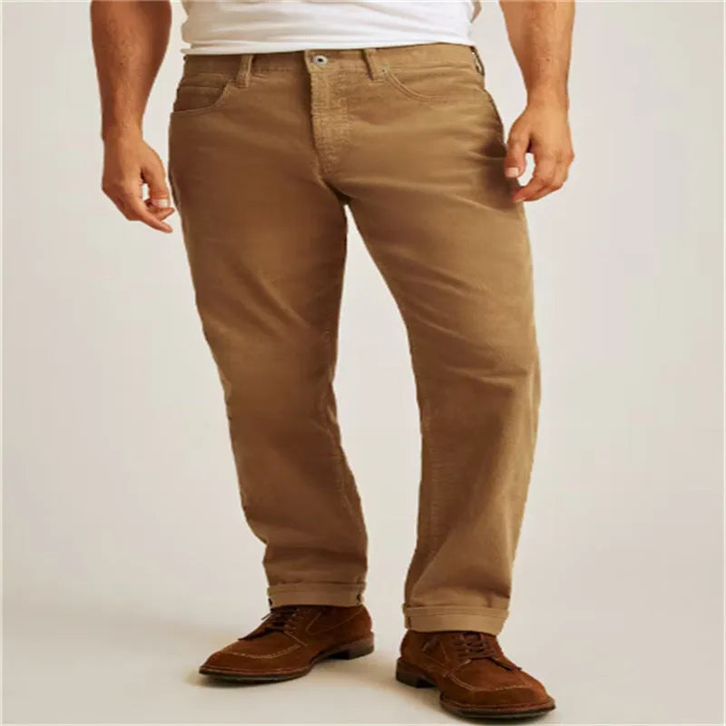 Corduroy straight trousers in green, army green, white, or khaki with a loose casual fit and zip placket