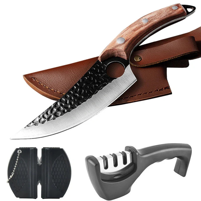 Versatile stainless steel scimitar knife with retro-inspired design, suitable for cutting and deboning meats and poultry