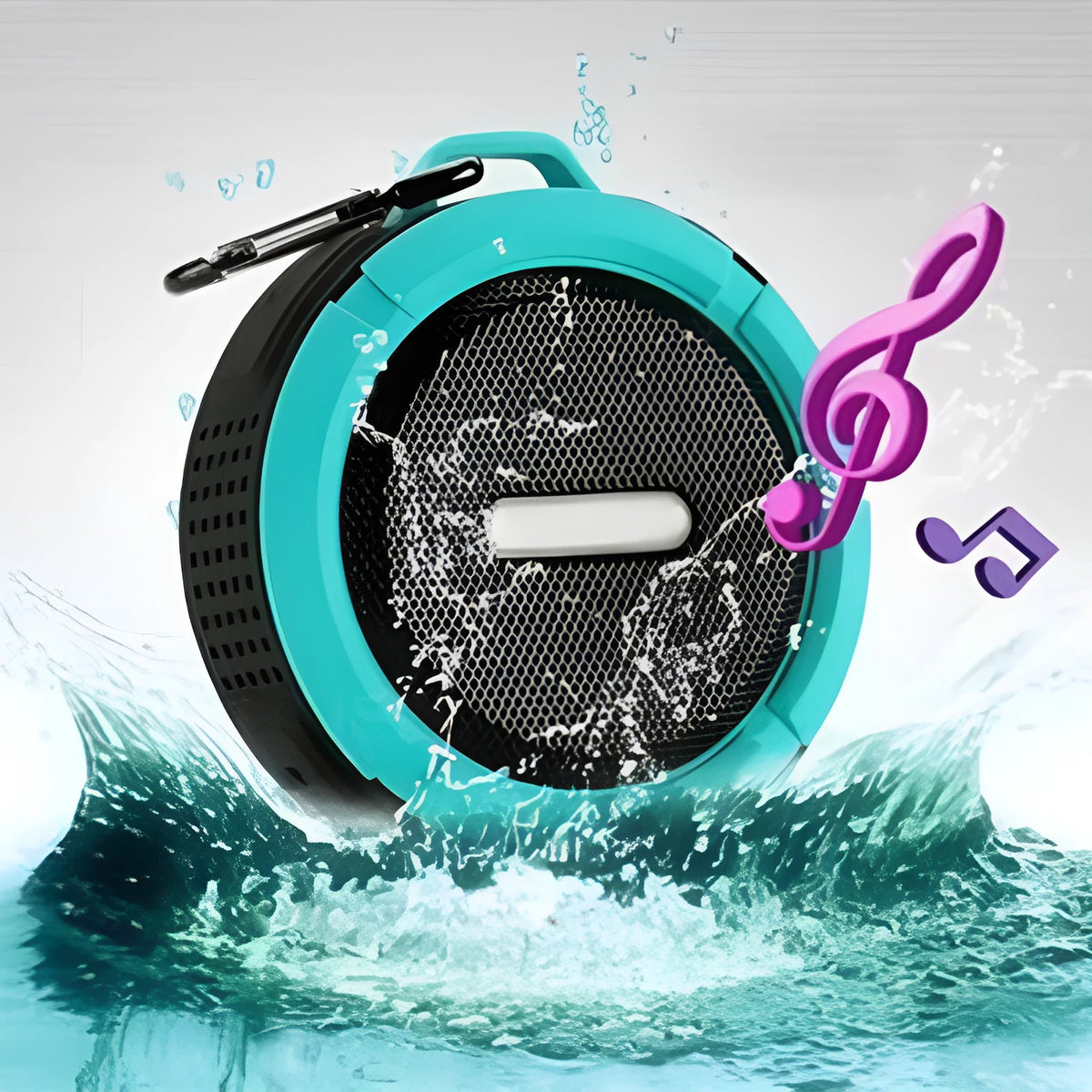 C6 portable waterproof Bluetooth speaker in multiple colours with a mounting clip attached.