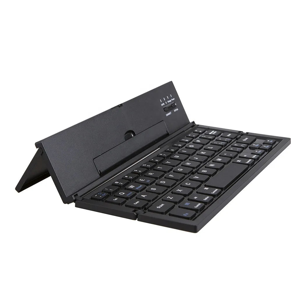 Black folding Bluetooth keyboard for tablets showing compact 5.8-inch size with wrist support extended
