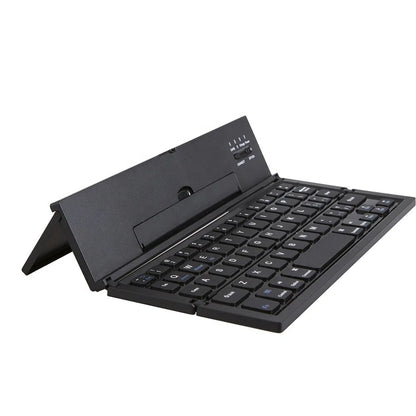 Black folding Bluetooth keyboard for tablets showing compact 5.8-inch size with wrist support extended