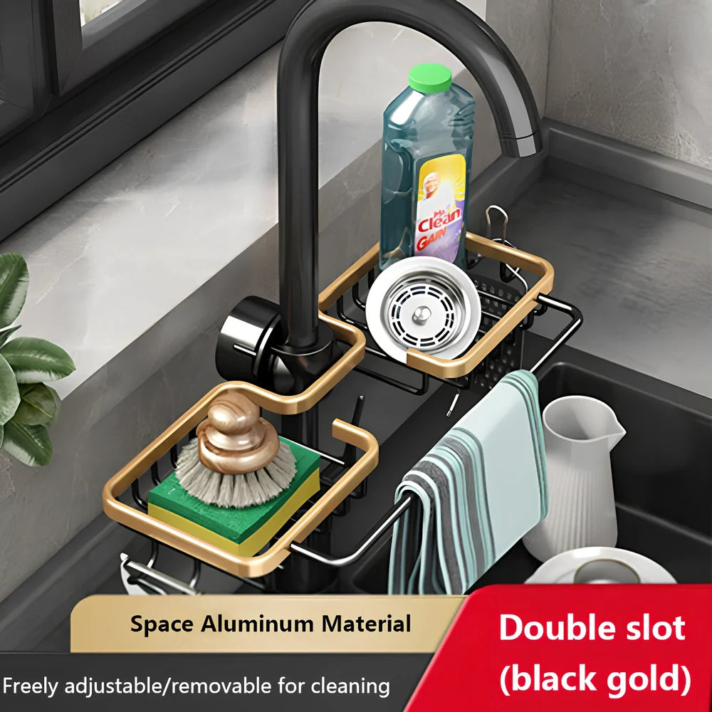 Silver aluminium kitchen storage rack with two tiers and towel rail for utensil organisation