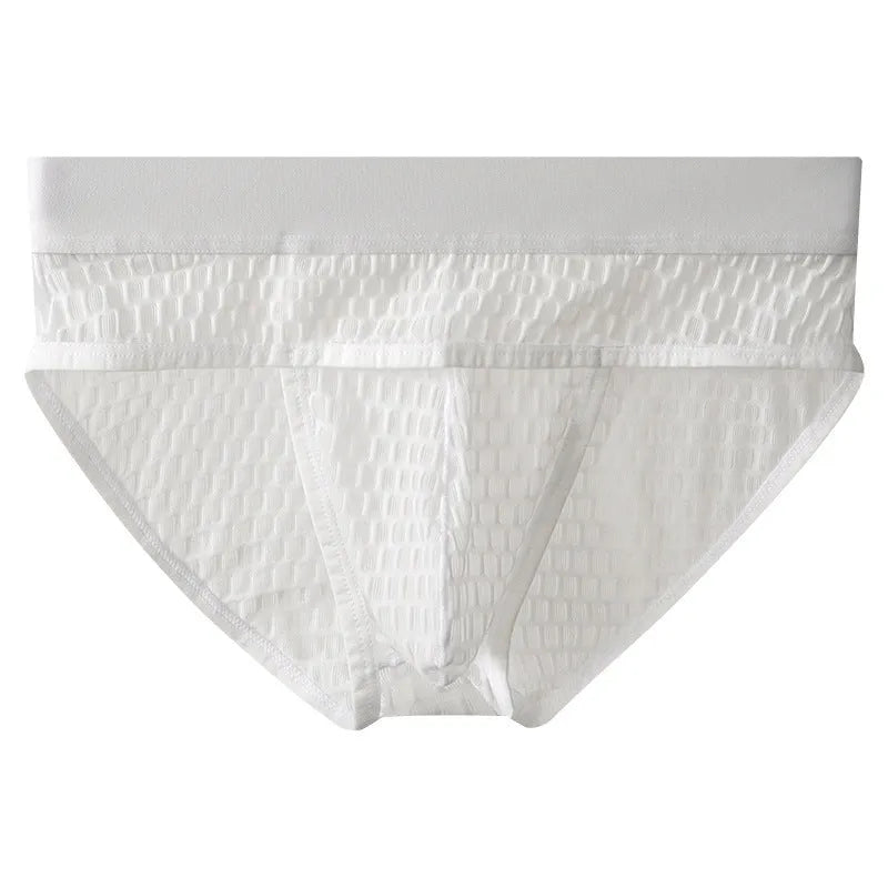 Men's lace-trimmed briefs in white with U pouch design and mid-rise waistband