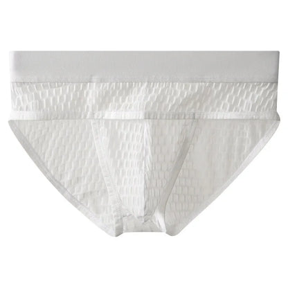 Men's lace-trimmed briefs in white with U pouch design and mid-rise waistband