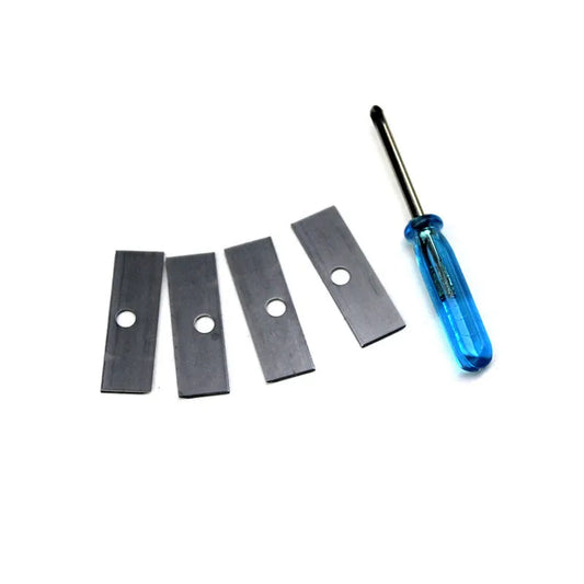 Four-hole pencil sharpener with geometric plastic design, four blades, and integrated screwdriver tool
