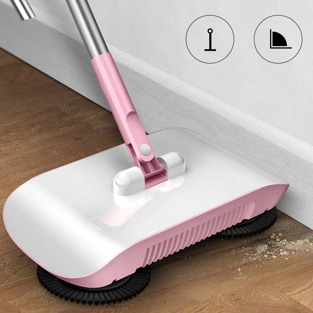 3-in-1 hand push sweeper with broom, dustpan, and trash bin in pink and blue colors