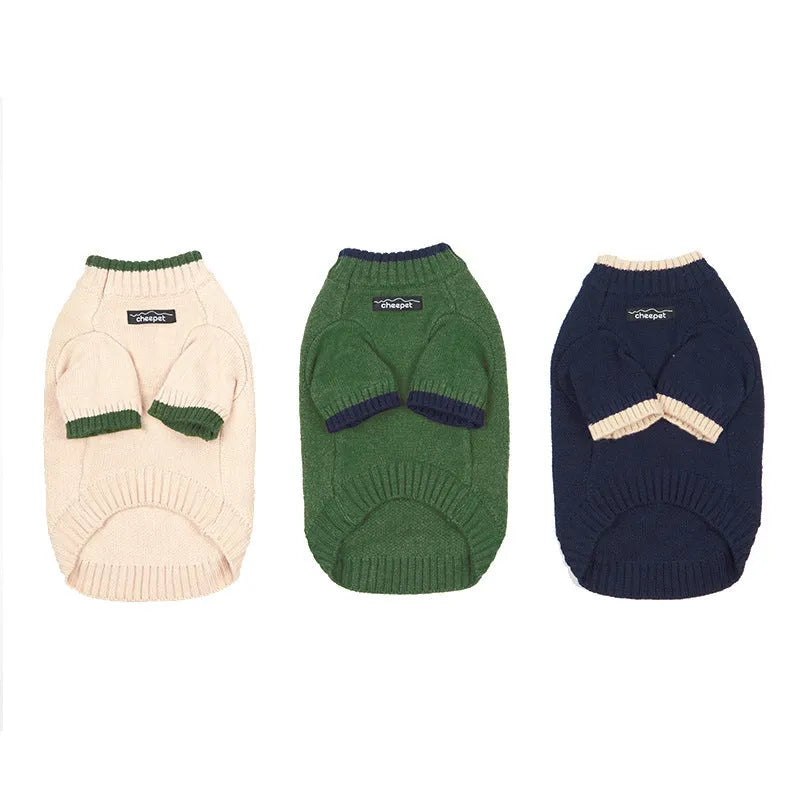 British style wool pet sweater with contrast colour legs for dogs and cats in Crown Blue, Flower Green Yellow, and Yellow Apricot