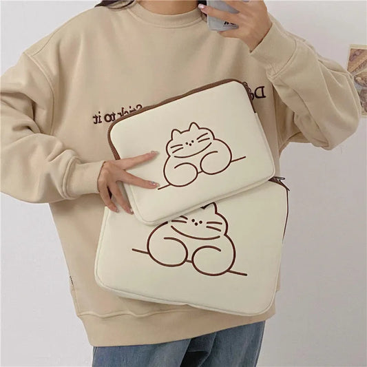 Embroidered animal tablet protective sleeve with zipper closure in fat cat or sleepy cat design, sizes 27x20cm and 34x26cm